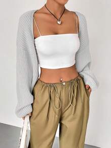 Flirla Casual Loose Solid Color Cropped Cardigan Fall Winter Cloth For Women - Light Grey - View 6
