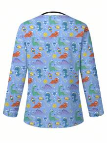 PopScrub Women's Cartoon Dinosaur Print Long Sleeve Front Open Nursing Scrub Uniform Jacket - Blue - View 2