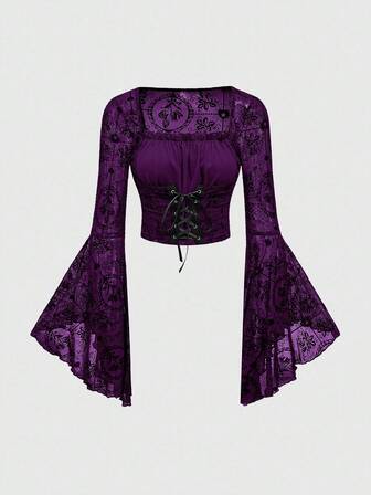 Blouse gothique pour femmes avec motif floral en croix floqué, style palais, patchwork en maille, laçage à la taille, pour soirée d'Halloween