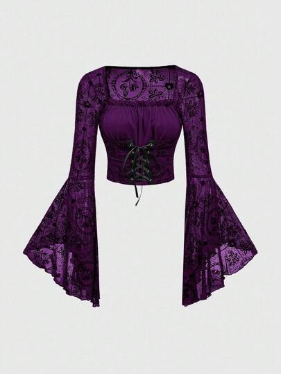 Goth Camicetta da donna in stile gotico palazzo, con motivo floreale floccato, patchwork in rete e pizzo, con lacci in vita, adatta per feste di Ognissanti