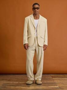 Musero 男士锥形九分褶裥西裤，翻折式系带，春夏度假休闲正装剪裁 - 杏色 - 查看 5