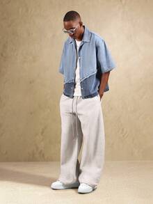 SUMWON Áo sơ mi denim Color Block cài nút cỡ lớn, chi tiết viền thô, lễ hội mùa hè, tay ngắn, phong cách đô thị, giản dị, rách rưới, bãi biển - Rửa trung bình - Xem 6