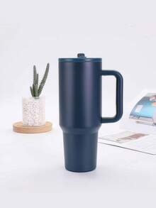 海军蓝 - 20/30/40盎司不锈钢保温杯，带手柄和可折叠吸管，双层真空隔热，冷热饮皆宜，简约旅行杯 - 藏蓝色 - 查看 2