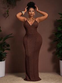 Slaydiva 2025 Spring/Summer New Bohemian Vacation Casual Party Khaki Knitted Waist Hollow Sheer Slip Dress, Plus Size Women Brown Bodycon Maxi Dress Knit Maxi Dress Crochet Maxi Dress Brown Crochet Maxi Dress Brown Knit Maxi Dress Winter Fall Autumn - Brown - View 5
