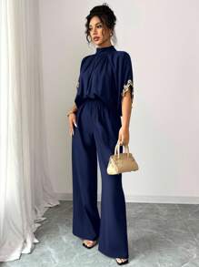 Elenzga Women's Elegant Batwing Sleeve Black Jumpsuit With Gold Lace Trim, Latest Design, Loose Fit, Suitable For Spring & Summer - Navy Blue - View 5