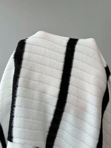 SHEIN EZwear 大码女式条纹落肩长袖双口袋休闲长夹克，秋冬 - 米色 - 查看 7