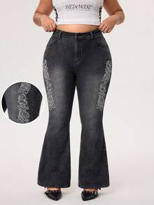 SHEIN EZwear 大码女式街头风格复古侧绣花弹力黑色喇叭牛仔裤 - 黑色 - 查看 3