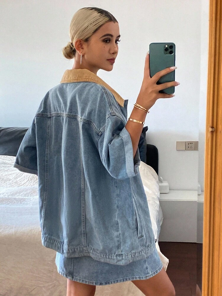 Distressed Wash Color Block Loose Short Sleeve Jacket & A-Line Mini Skirt Denim 2-Piece Set For Women, Spring/Autumn
