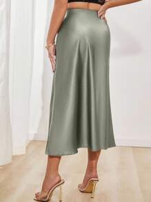 SHEIN PETITE Women's Elegant Versatile Satin Skirt Olive Green Skirt Sage Green Skirt Women's Elegant Versatile Satin Skirt Midi Skirt Elegant Skirt Fall Cloth For Women - Green - View 2