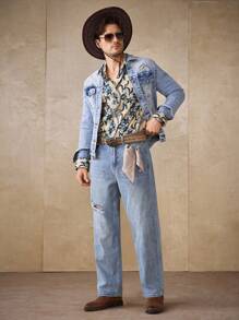 Manfinity Homme 男士浅色做旧复古街头风格牛仔夹克 - 淺色水洗藍 - 查看 3