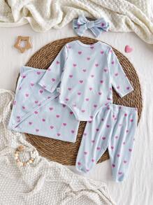 4pcs Newborn Soft Comfortable Blue Textured Fabric Cute Heart Print Long Sleeve Romper, Pants, Headband & Swaddle Blanket Set, Baby Clothing