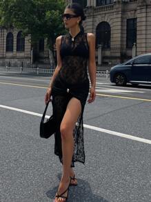 DAZY 畅销性感蕾丝镂空高开衩修身无袖旗袍连衣裙 - 黑色 - 查看 5