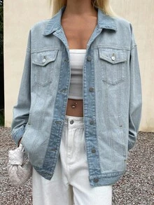 Livesso Women's Casual Everyday Contrast Color Button Up Loose Denim Shirt,Jeans Jacket,Fall Women Clothes - Blue - View 3