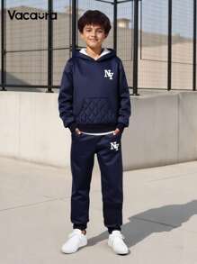 SHEIN Vacaura 2pcs/Set Tween Boy Warm Thick Pullover Hoodie & Pants Set With Pocket, Printed Design, Autumn/Winter Fall - Navy Blue - View 9