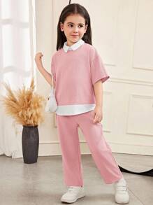 SHEIN Young Girl Casual Elegant Commuter Loose Shirt Collar Oversized Drop Shoulder Short Sleeve Woven Textured Color Block Shirt Top And Straight Leg Pants Set Pajama Sets Loungewear Two Pieces Outfit Girls Pink Outfit Young Girl Clothes - Pink - View 7