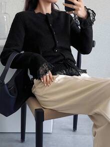 FRIFUL Women's Casual Lace Patchwork Drawstring Crew Neck Loose Hem Cardigan Black Lace Cardigan Lace Sleeve Cardigan Black Cardigan With Lace Black Lace Top Lace Trim Cardigan - Black - View 2