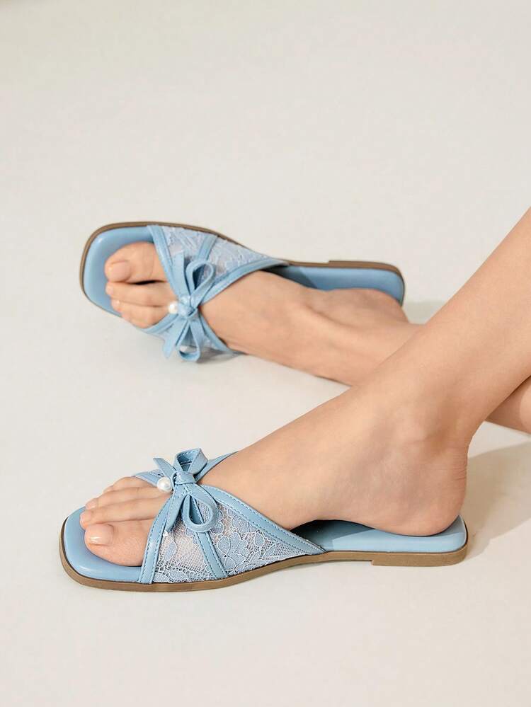 CUCCOO CHICEST 女性用 リボン パールドット メッシュ スクエアトゥ フラットサンダル、エレガントでロマンチックなカジュアルアプリコットメッシュレディースフラットスリッパ、アフタヌーンティー、バケーション、ビーチ、ハワイアンスタイルに適しています