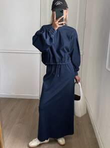 DAZY Bộ 2 món áo cánh rộng cổ tròn màu trơn và chân váy denim cho nữ, mùa thu - Rửa trung bình - Xem 3