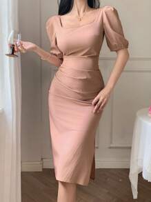 DAZY 女士纯色方领褶皱泡泡袖中长连衣裙 - 米色 - 查看 6