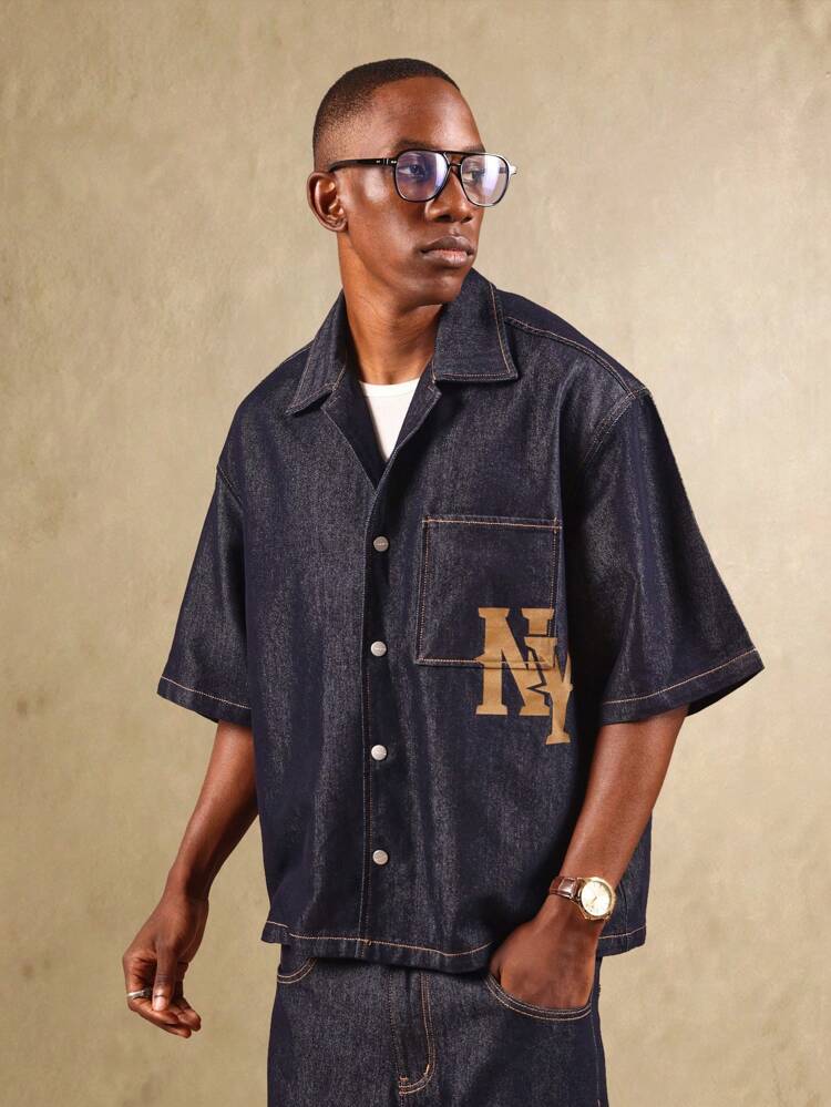 Oversized Denim Shirt With Logo Print And Contrast Stitching