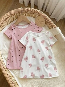 Baby Girls 2PCS Dotted Heart Graphic Round Neck Loose Casual Nightgown Sleepwear Set, Suitable For Girls Daily Wear, Events, Holidays, Family Gathering Baby Clothes Cotton 100 Baby Cotton Clothes Cartoon
