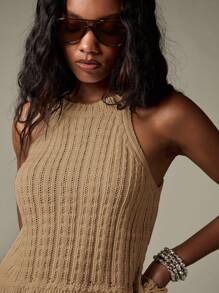 MISSGUIDED Halter Neck Ribbed Fringe Tank Top Summer Boho Hippie Festival Sleeveless Sweater Knit Resort Vacation Travel Beach Wear - Mocha Brown - View 5