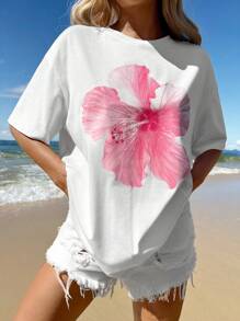 SHEIN EZwear Camiseta holgada de mujer de manga corta con cuello redondo, de estilo minimalista casual con estampado de flor de hibisco rosa, de mezcla de algodón, adecuada para el verano - Blanco - Ver 5