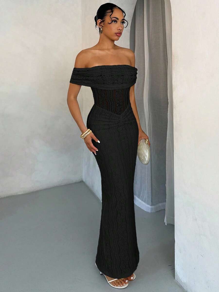 SHEIN BAE Off-Shoulder Lace Bodycon Dress, Elegant For Spring/Summer,Prom Dress - Black - View 1