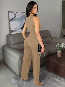 Conjunto elegante de negocios casuales para mujer, camiseta sin mangas ajustada y sexy con decoración de botones de metal y pantalones, conjunto de 2 piezas en color negro - Caqui - Ver 11
