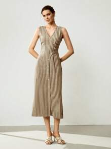 Uhlyne Váy dài vừa phải không tay cổ chữ V họa tiết sọc thường ngày và đi làm dành cho nữ, mới cho mùa hè - màu nâu - Xem 6