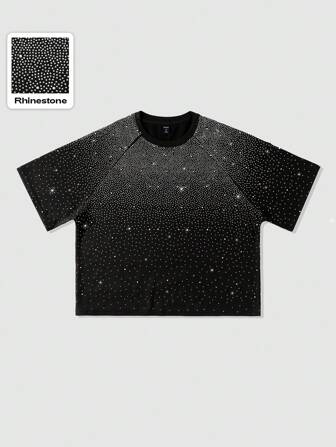ROMWE Avant T-shirt à manches courtes pour hommes avec décoration de diamants scintillants, style ample et court