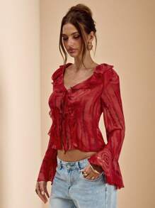 SHEIN BAE Spring And Summer Solid Red Tie-Dye Print Ruffled Long Sleeve Elegant Ladies Shirt Tops, Elegant Tops