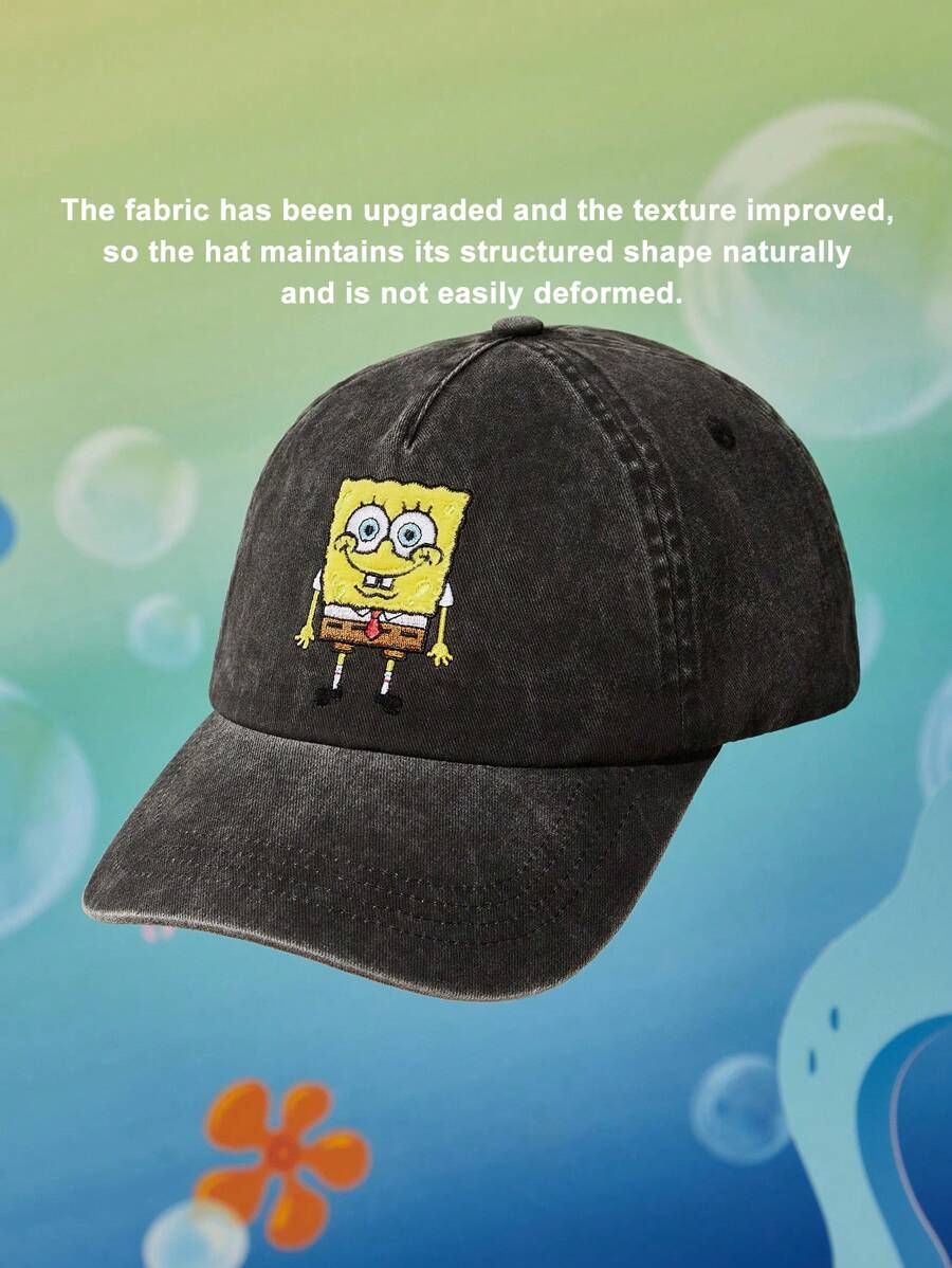 SpongeBob SquarePants | SHEIN 卡通刺绣升级版时尚可爱刺绣棒球帽,休闲防晒日常搭配,廓形挺括 - 黑色 - 查看 1