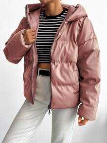 EURMUSE Solid Color Hooded Women'S Padded Jacket - Dusty Pink - View 5