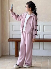 Genkimix Kids 2pcs Tween Girl Fashion Casual Outfit: Hoodie Jacket With 3D Bow Decor And Solid Color Straight Leg Pants Chic Outfits For Autumn/Winter - Pink - View 3