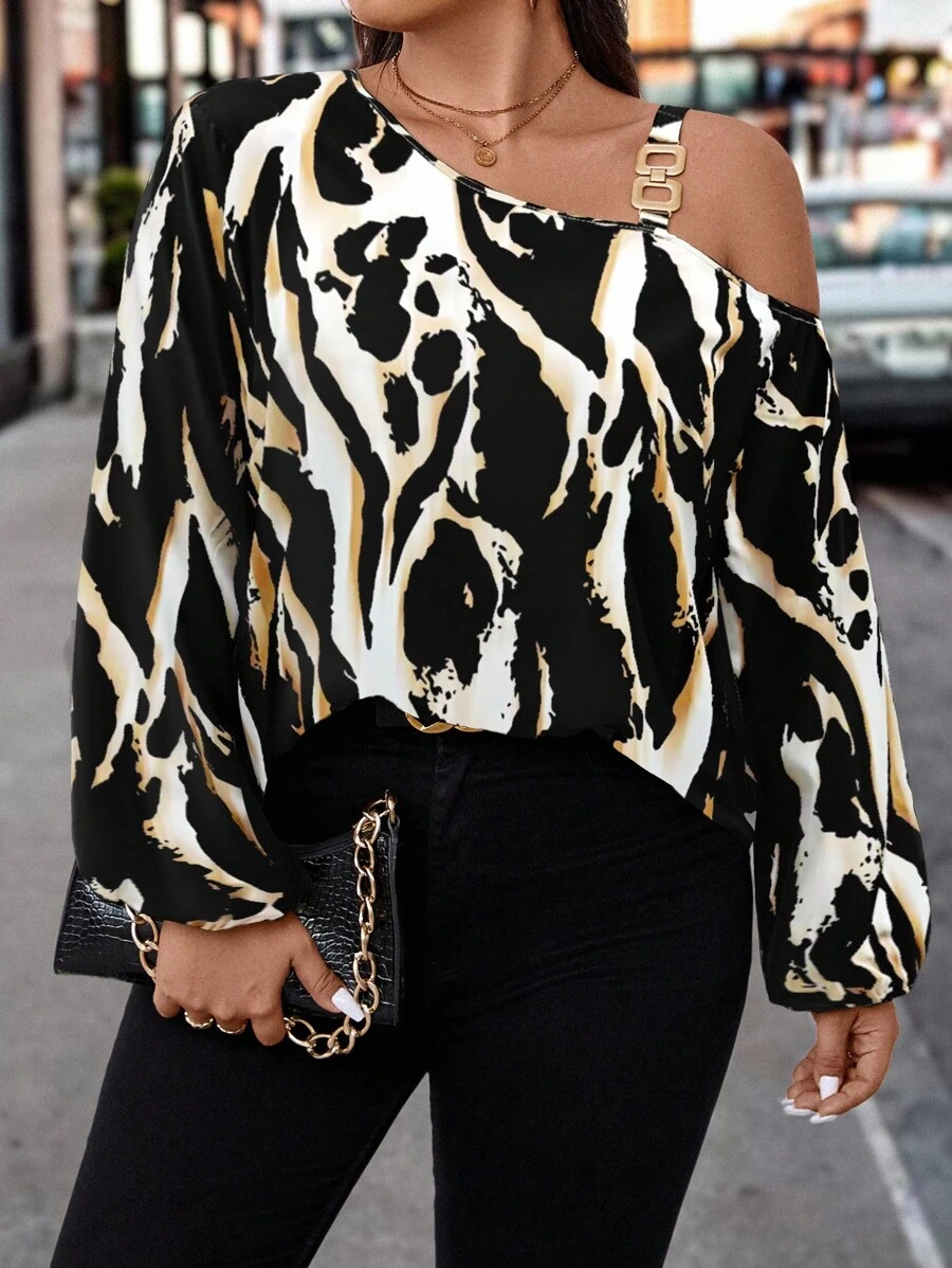 EMERY ROSE Elegant Vacation Print Autumn Shirt For Plus-Size Ladies Fall Cloth For Women