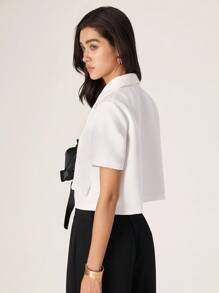 Modelyn Women's Fashion Casual Elegant Tweed Short Sleeve Blazer - White - View 2