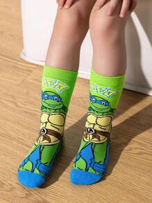 TEENAGE MUTANT NINJA TURTLES | SHEIN 4 双棉质柔软透气吸湿排汗儿童中筒袜绿色和蓝色可爱卡通图案中筒袜，加固脚趾和脚跟，经久耐用，男女通用，适合所有季节，百搭，适合学校和户外 - 彩色 - 查看 8