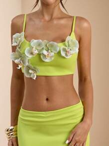 SHEIN BAE 2 pièces Ensemble pour femme Top de débardeur à bretelles fines avec ornements de couleur unie jaune vert et jupe longue à taille basse. Convient pour la plage, la villégiature d'été. Ensemble décoré de fleurs 3D, robe pour le petit-déjeuner. - Vert - Voir 6