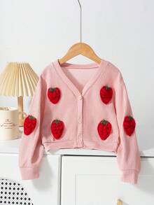 SHEIN 女童秋冬针织开衫，饰有3D蝴蝶结，休闲舒适保暖外套，可爱百搭的长袖草莓图案开衫，适合儿童穿着。 - 粉色 - 查看 3