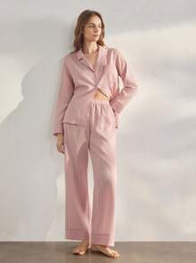 Ocili Conjunto de pijama de lino de manga larga y pantalón largo a rayas, cómodo y suave, pijamas naturales para mujer, conjunto de ropa de estar en casa para la temporada de vacaciones, ropa de otoño - Rosa - Ver 5