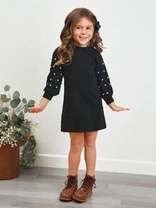 SHEIN Abito con maniche a lanterna, girocollo lavorato a maglia, decorato con perle finte, adatto a ragazze giovani