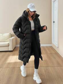 EURMUSE Women Solid Color Zipper And Pocket Detailed Winter Coats - Black - View 3
