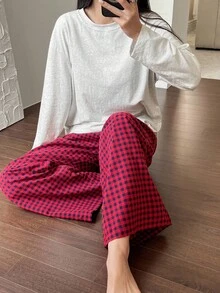 DAZY 纯色宽松T恤上衣和格子长裤女士睡衣家居服套装，秋冬服装，舒适套装 - 淺灰色 - 查看 4