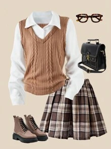 2 件套女童仿毛针织二合一领长袖衬衫和格子褶皱迷你裙休闲套装，适合外出、返校、学院风 - 卡其色 - 查看 4