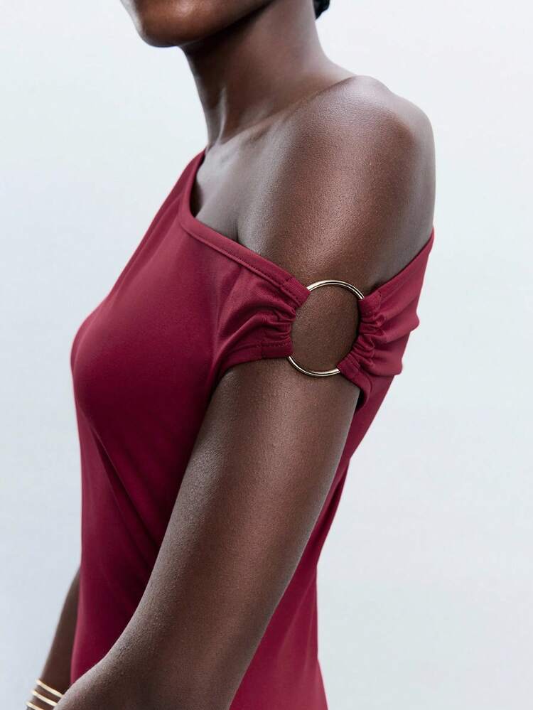 SHEIN Maija Abito asimmetrico da donna per l'autunno con fibbia ad anello metallica sulla spalla, spacco laterale, colore bordeaux. Abito casual elegante, versatile, adatto per ufficio, festa, vacanze, uscite, matrimoni come invitata.