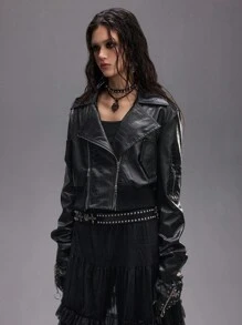 ROMWE EDITION Zipper Decor Deconstructed Hollow-Out PU Leather High Waist Super Short Motorcycle Jacket For Women - Black - View 8