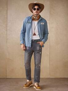 Manfinity Homme Camisa vaquera azul desgastada de corte slim, estilo urbano, para primavera, verano y otoño - Lavado ligero - Ver 3