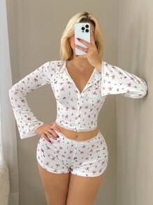 Sweetina Ensemble de vêtements de détente pour femmes avec motif floral doux, côtelé et patchwork en dentelle