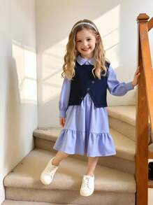 Young Girl 2pcs Set Navy Blue Dress,Long Sleeve Ruffle Dress With Buttons,Fashionable Casual Loose Fall Autumn Princess Birthday Back-To-School - Blue - View 3